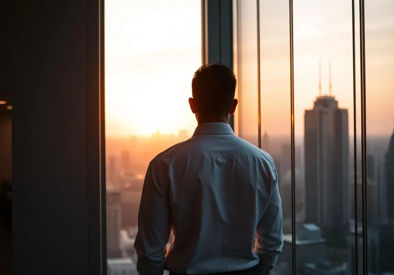 A founder pausing at his office window at dusk