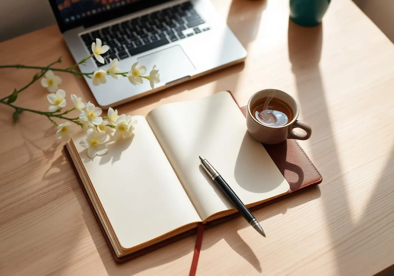 A calm morning desk — open journal, chai and jasmine in soft sunlight